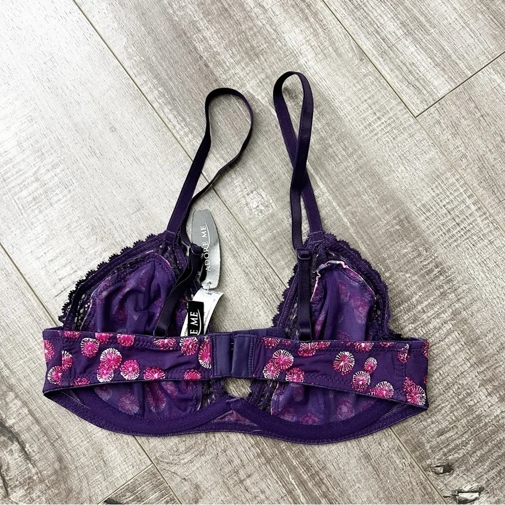 Adore Me Purple Printed Bra w/ Lace Detail Size 30C NWT
